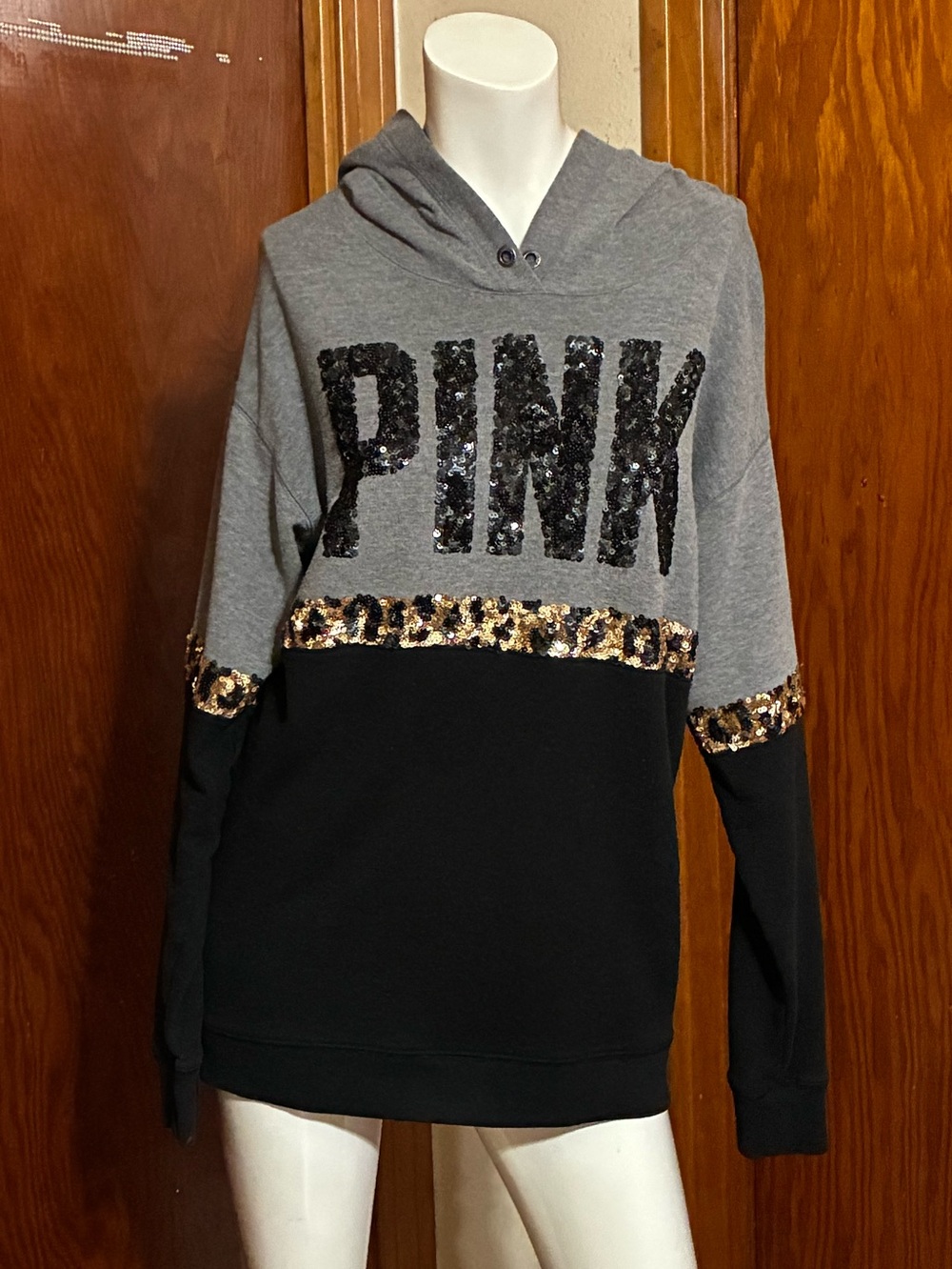 VS PINK Grey & Black w/ Black & Leopard Print Sequin Pullover Hoodie